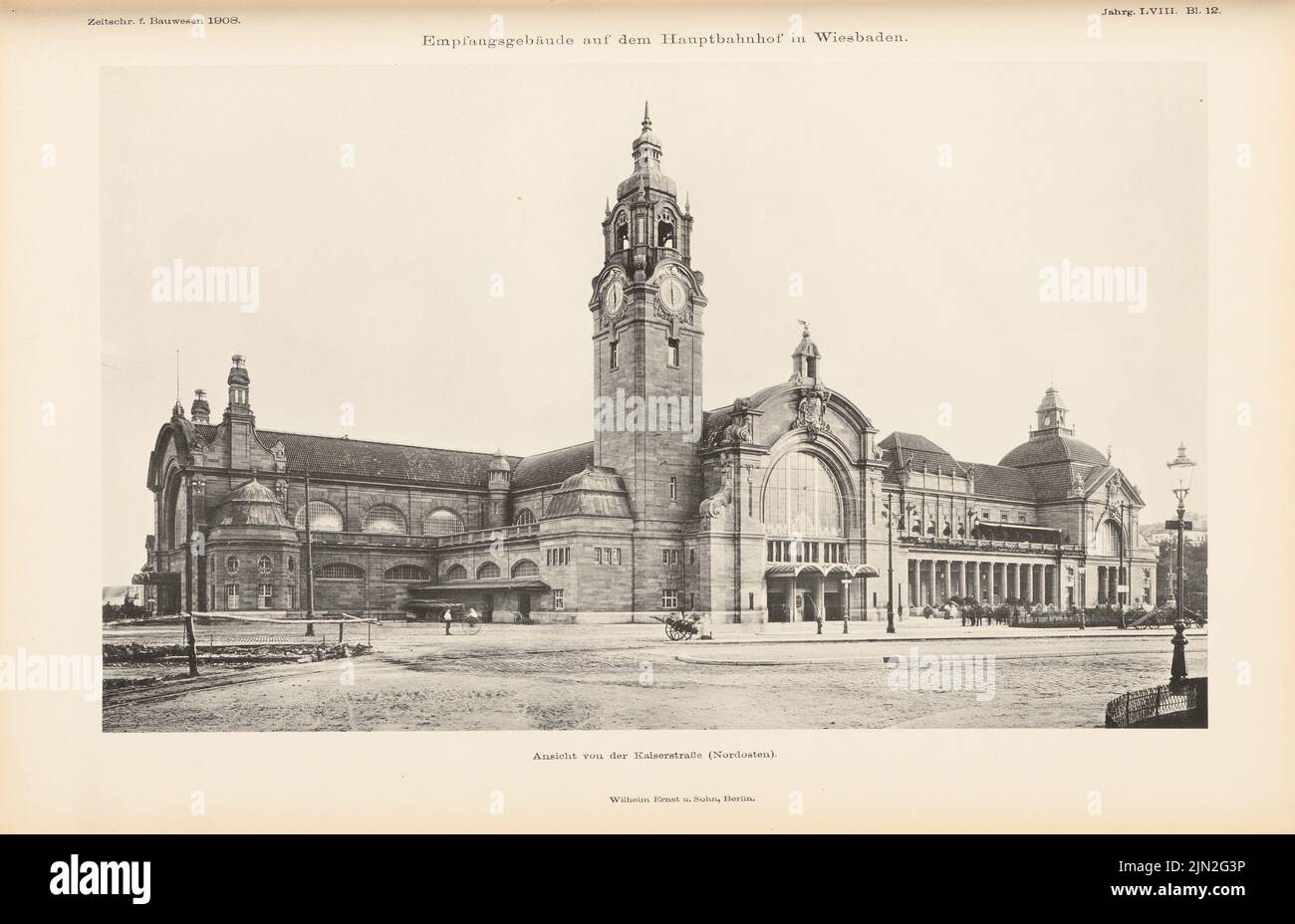 N.N., Hauptbahnhof, Wiesbaden. (De : Atlas au magazine for Building, éd. V. Ministry of public Works, JG. 58, 1908): Vue du nord-est. Pression sur le papier, 28 x 43,4 cm (y compris les bords de numérisation) Banque D'Images