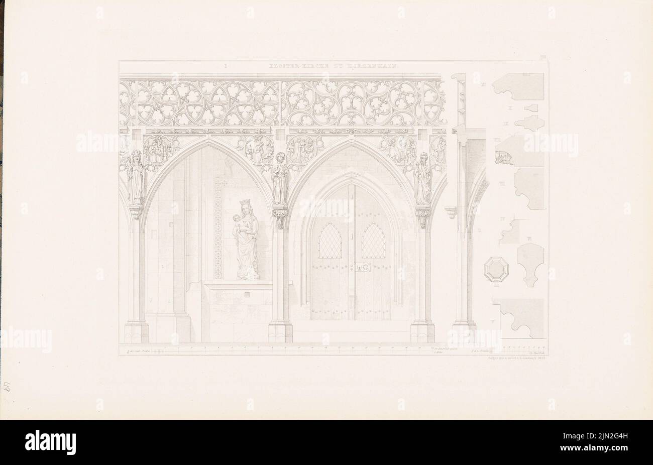 Gladbach Ernst, Klosterkirche, Hirzenhain. (Depuis : Denkmäler d. Architecture allemande, Darg. V. Hessische Verein F.D. Moyen âge Moyen âge Kunstwerke, Darmstadt, vol. 1, Atlas, 1856): Türnische 1:22. Lithographie sur carton, 34,8 x 54,1 cm (y compris les bords de numérisation) Banque D'Images