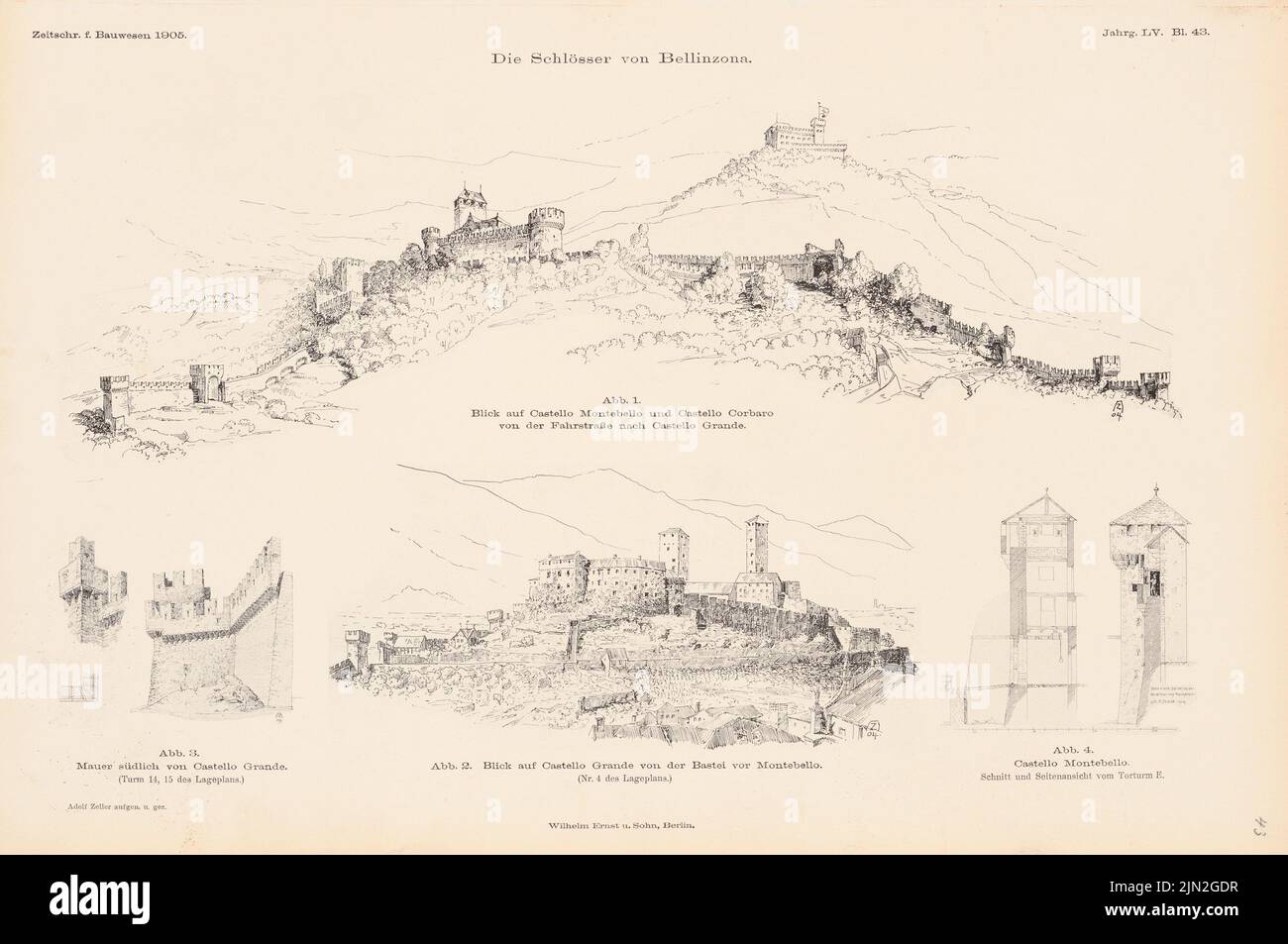 N.N., Schlösser, Bellinzona. (De : Atlas à la revue for Building, éd. V. Ministry of public Work, JG. 55, 1905) : Castello Montebello, Castello Grande, Castello Corribaro : vues panoramiques. Couture sur papier, 28,3 x 42,6 cm (y compris les bords de numérisation) Banque D'Images