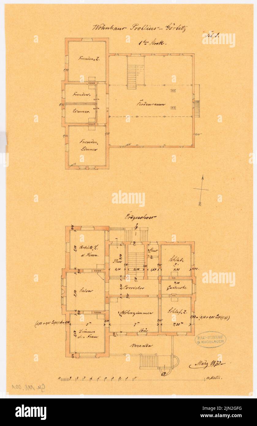 Knoblauch Gustav (1833-1916), immeuble résidentiel H. Prollius, Görlitz : contenu du plan N.N. détecté. Tuche aquarelle sur transparent, 41,5 x 26,8 cm (y compris les bords du balayage) Banque D'Images