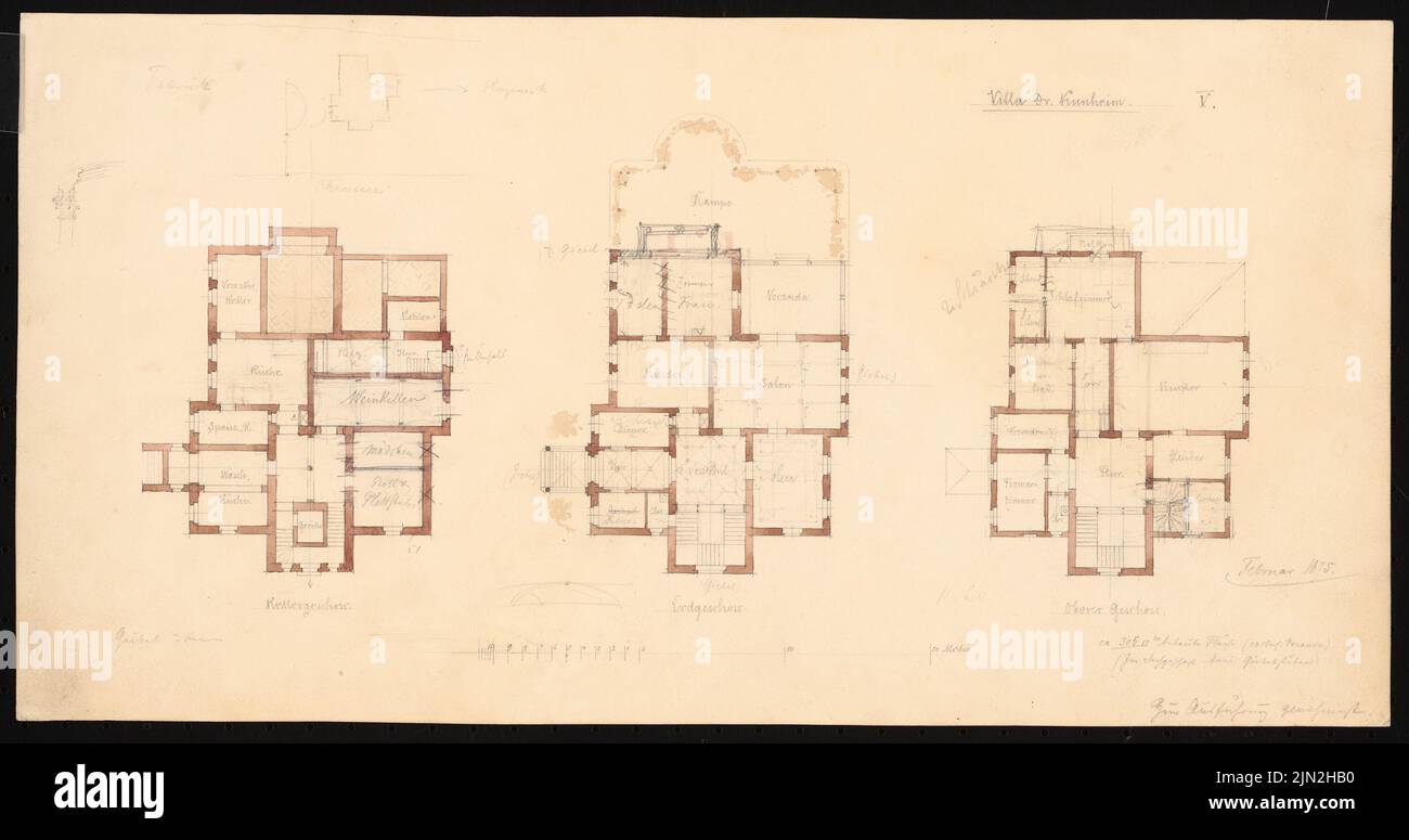 Knoblauch Gustav (1833-1916), Villa Kunheim, Berlin-Niederschönweide: Grundriss KG, EG, 1st étages. Crayon aquarelle sur papier, 25,5 x 48,3 cm (y compris les bords de numérisation) Banque D'Images