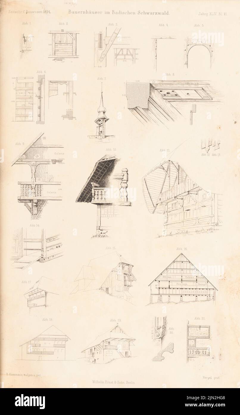 Kossmann B., fermes dans la Forêt Noire de Baden. (De : Atlas au magazine for Building, éd. V. Ministry of public Works, JG. 44, 1894) : vues en perspective, détails. Couture sur papier, 42,5 x 26,3 cm (y compris les bords de numérisation) Banque D'Images