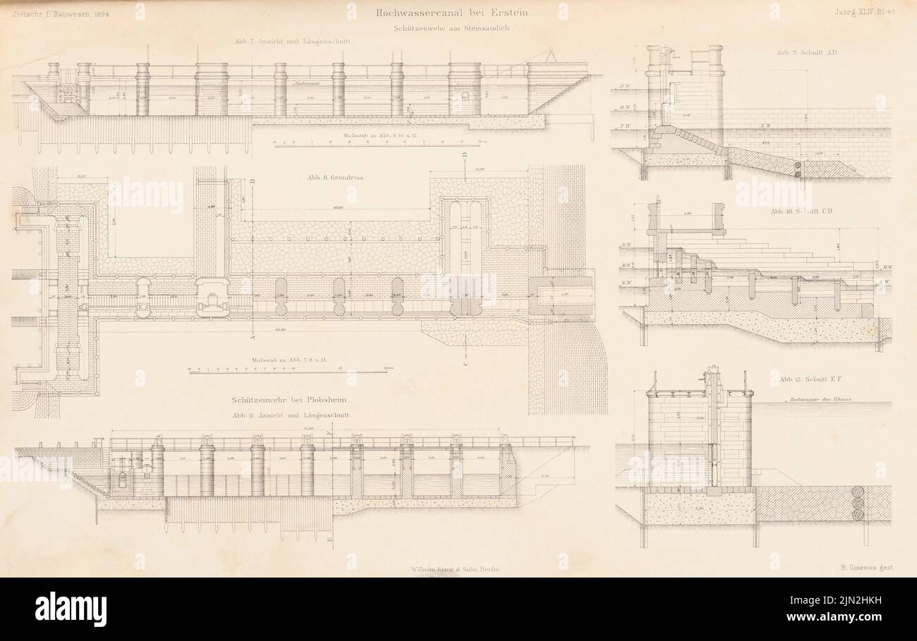 N.N., canal d'inondation, d'abord. (De : Atlas au magazine for Building, éd. V. Ministry of public Works, JG. 44, 1894): Schützenwehr: Vues, plan d'étage, coupes. Couture sur papier, 26,7 x 42,3 cm (y compris les bords de numérisation) Banque D'Images