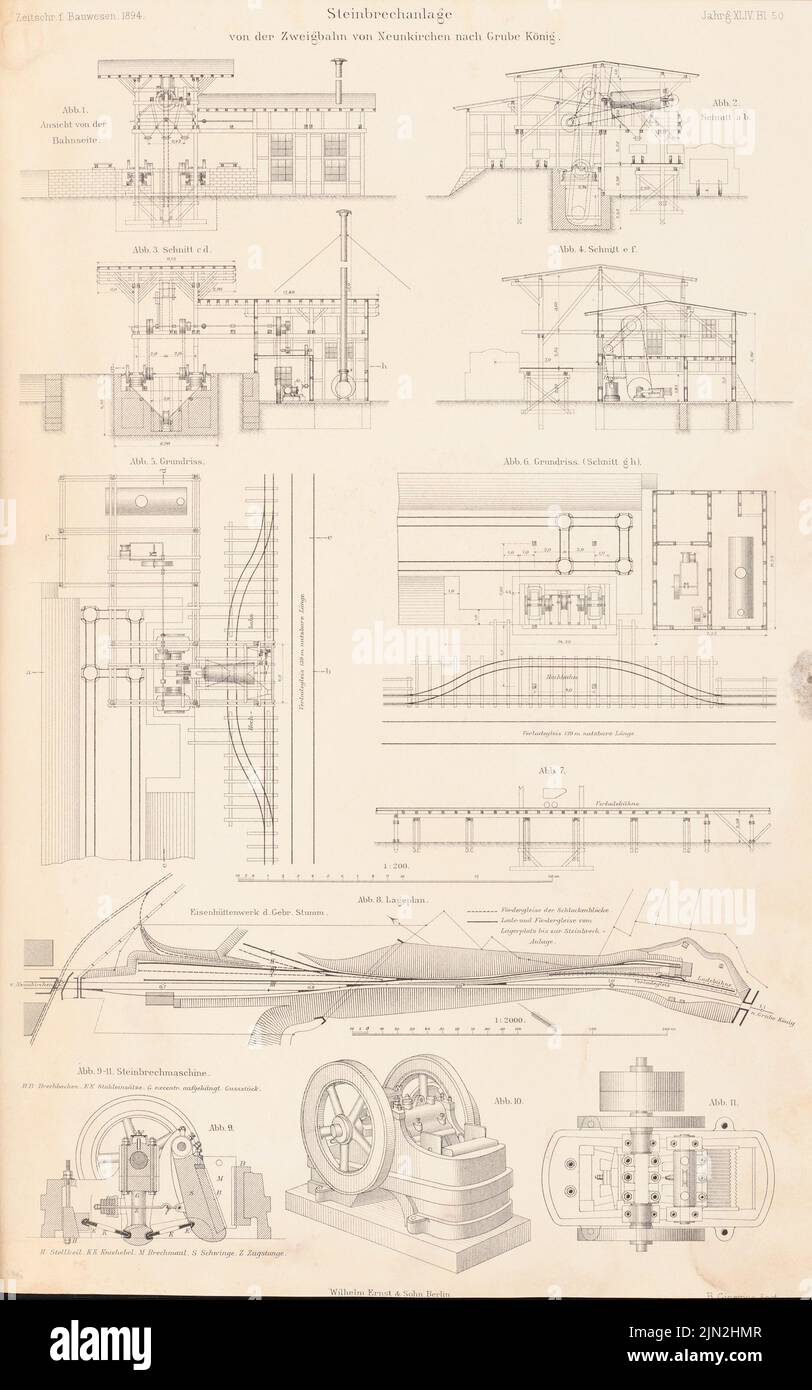 N.N., brise-pierres de la branche ferroviaire de Neunkirchen à Grube König. (De: Atlas au magazine for Building, éd. V. Ministry of public Work, né le 44, 1894): Department, View, Cuts, détails. Couture sur papier, 43,1 x 26,9 cm (y compris les bords de numérisation) Banque D'Images