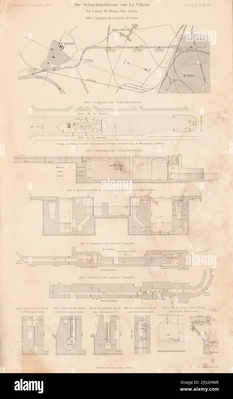 N.N., Schachschleuse la Villette, Saint-Denis. (De : Atlas au magazine for Building, éd. V. Ministry of public Works, JG. 44, 1894) : Ministère, plans d'étage, coupures, détails. Couture sur papier, 42,7 x 26,7 cm (y compris les bords de numérisation) Banque D'Images