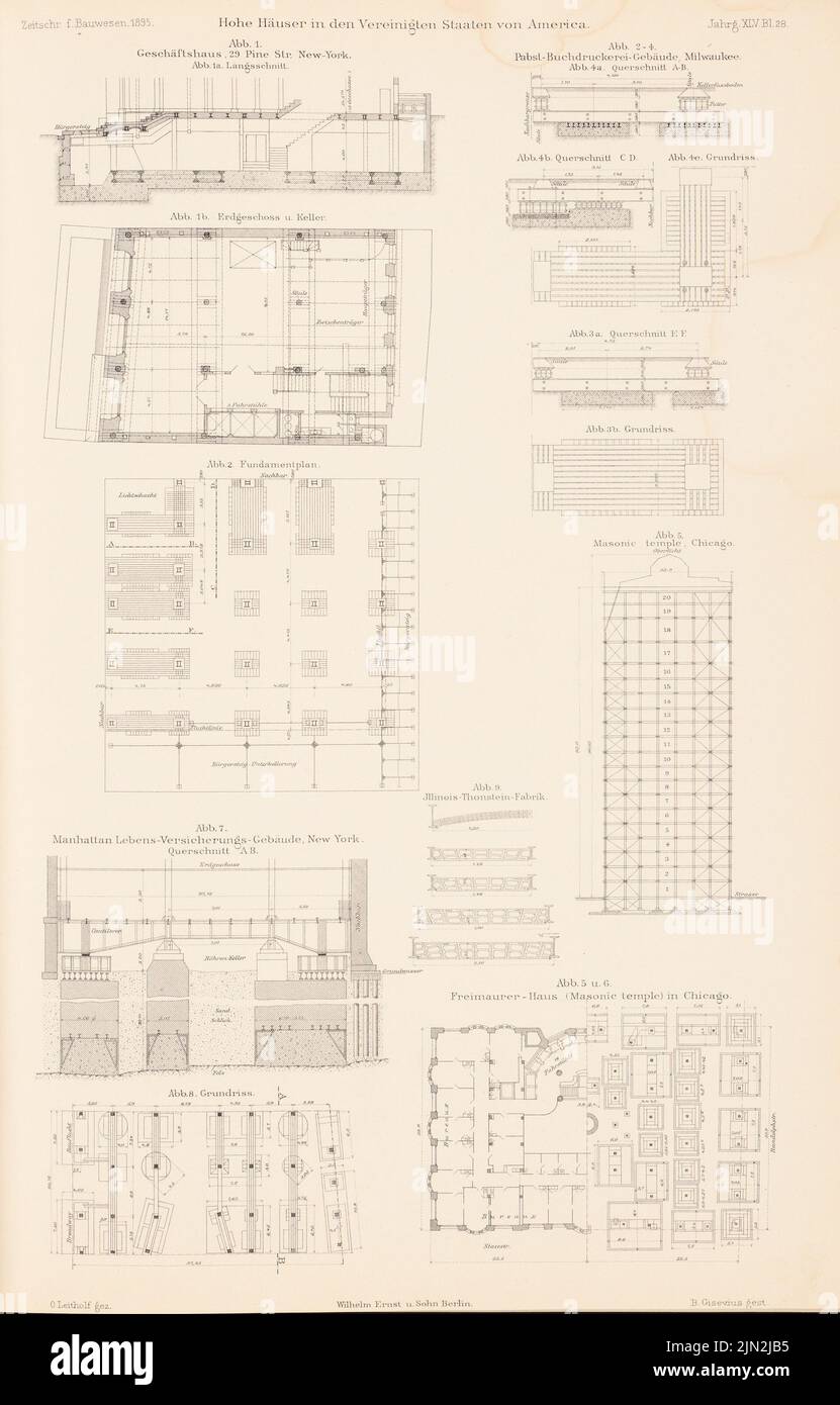 Leitholf O., High Houses aux États-Unis, New York. (De : Atlas au magazine for Building, éd. V. Ministry of public Works, JG. 45, 1895): Grundrisse, Cuts, Milwaukee, New York, Chicago. Couture sur papier, 43,4 x 27,7 cm (y compris les bords de numérisation) Banque D'Images
