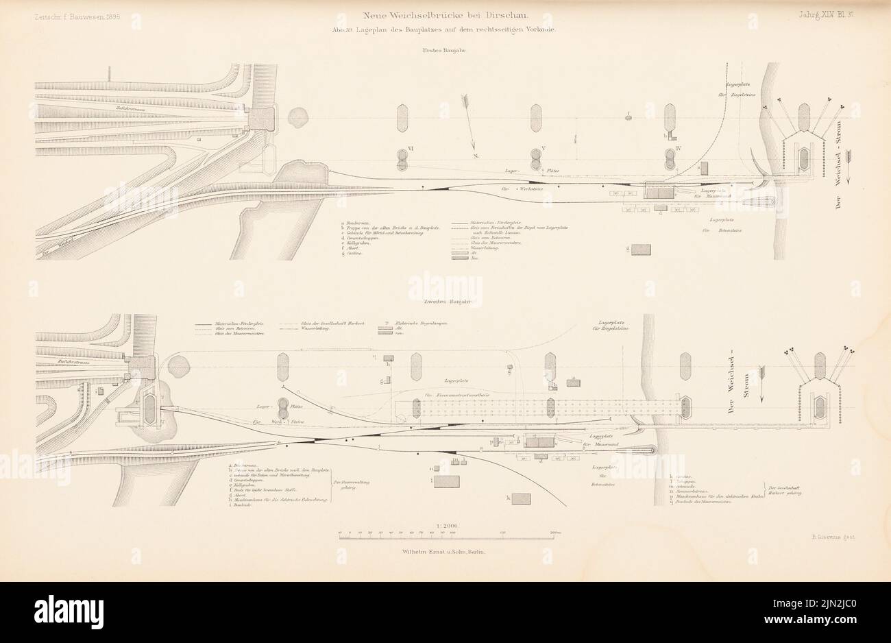 Jacobsthal Johann Eduard (1839-1902), nouveau pont Vistule, Dirschau. (De : Atlas à la revue for Building, éd. V. Ministry of public Work, JG. 45, 1895): Département de l'emplacement du bâtiment sur la droite - pré-côtés avant - sable 1: 2000. Couture sur papier, 28,2 x 43,3 cm (y compris les bords de numérisation) Banque D'Images