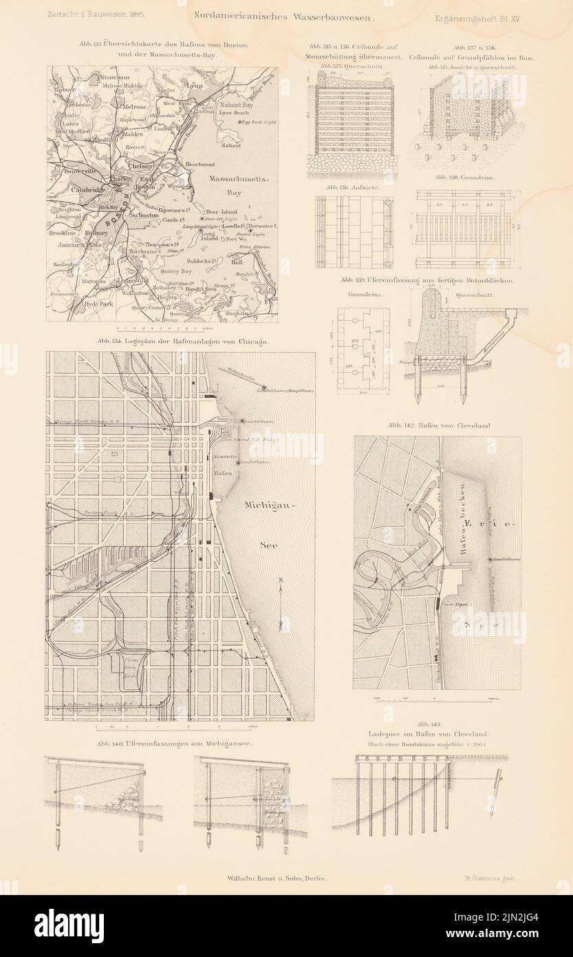 N.N., ingénierie hydraulique nord-américaine. (De : Atlas au magazine for Building, éd. V. Ministry of public Works, JG. 45, 1895, livre supplémentaire): Règlement à Michigansee, Eriesee. Couture sur papier, 43,1 x 27,6 cm (y compris les bords de numérisation) Banque D'Images