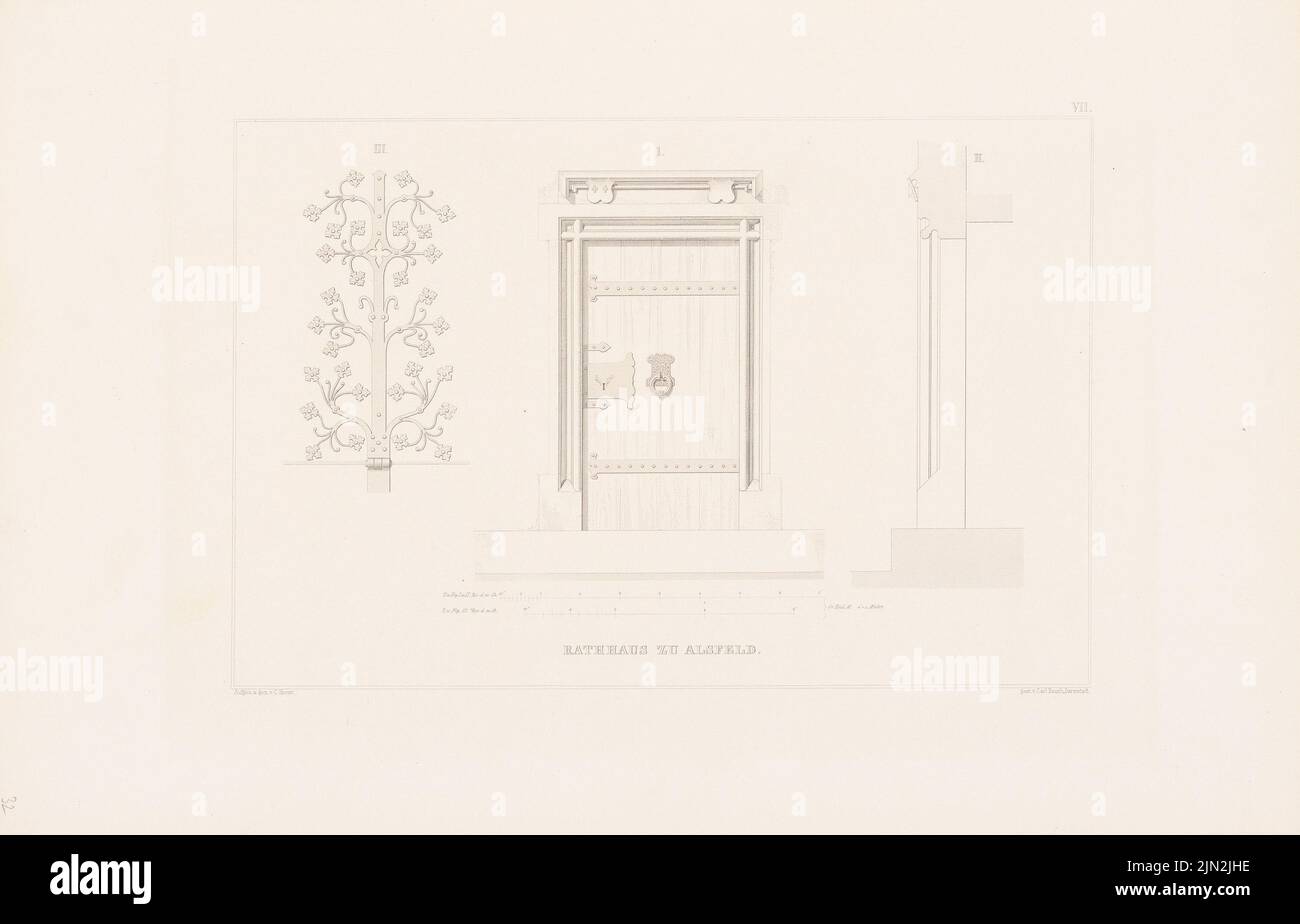 Horst C., Rathaus, Alsfeld. (Depuis : Denkmäler d. Architecture allemande, Darg. V. Hessische Verein F.D. Moyen âge Moyen âge Kunstwerke, Darmstadt, vol. 1, Atlas, 1856): Vue, couper les portes. Lithographie sur carton, 34,4 x 53,6 cm (y compris les bords de numérisation) Banque D'Images