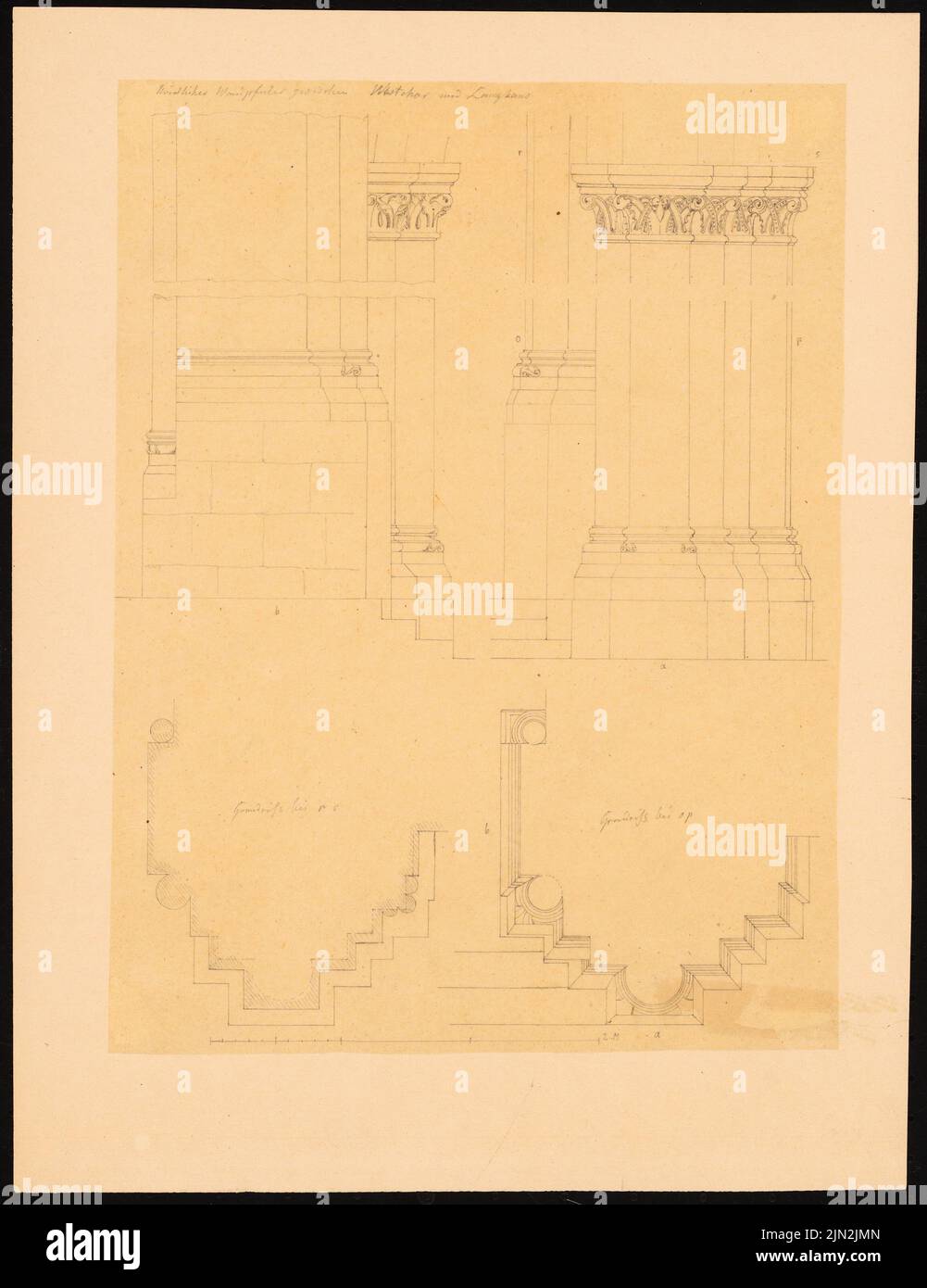 Quast Ferdinand von (1807-1877), Münster, Bonn: Détails (récupération, plans d'étage) de la colonne murale nord entre le choeur ouest et la nef, barre d'échelle. Crayon sur transparent, 41,9 x 32,3 cm (y compris les bords de numérisation) Banque D'Images