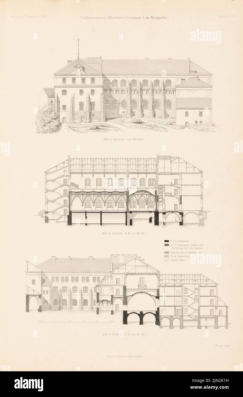 N.N., monastère, nouvelle cellule. (De : Atlas à la revue for Building, éd. V. Ministry of public Work, JG. 51, 1901): Vue en perspective du nord, coupes. Couture sur papier, 44,2 x 29 cm (y compris les bords de numérisation) Banque D'Images