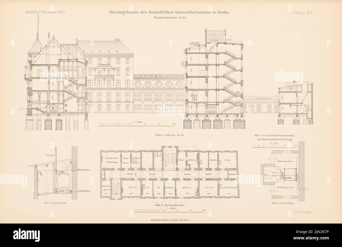 Busse août (1839-1896), Département de la Santé, Berlin. (De : Atlas à la revue for Building, éd. V. Ministry of public Work, JG. 50, 1900): Grundrisse 3rd -log 1: 300, coupes 1: 275, 1:75. Couture sur papier, 28 x 43 cm (y compris les bords de numérisation) Banque D'Images
