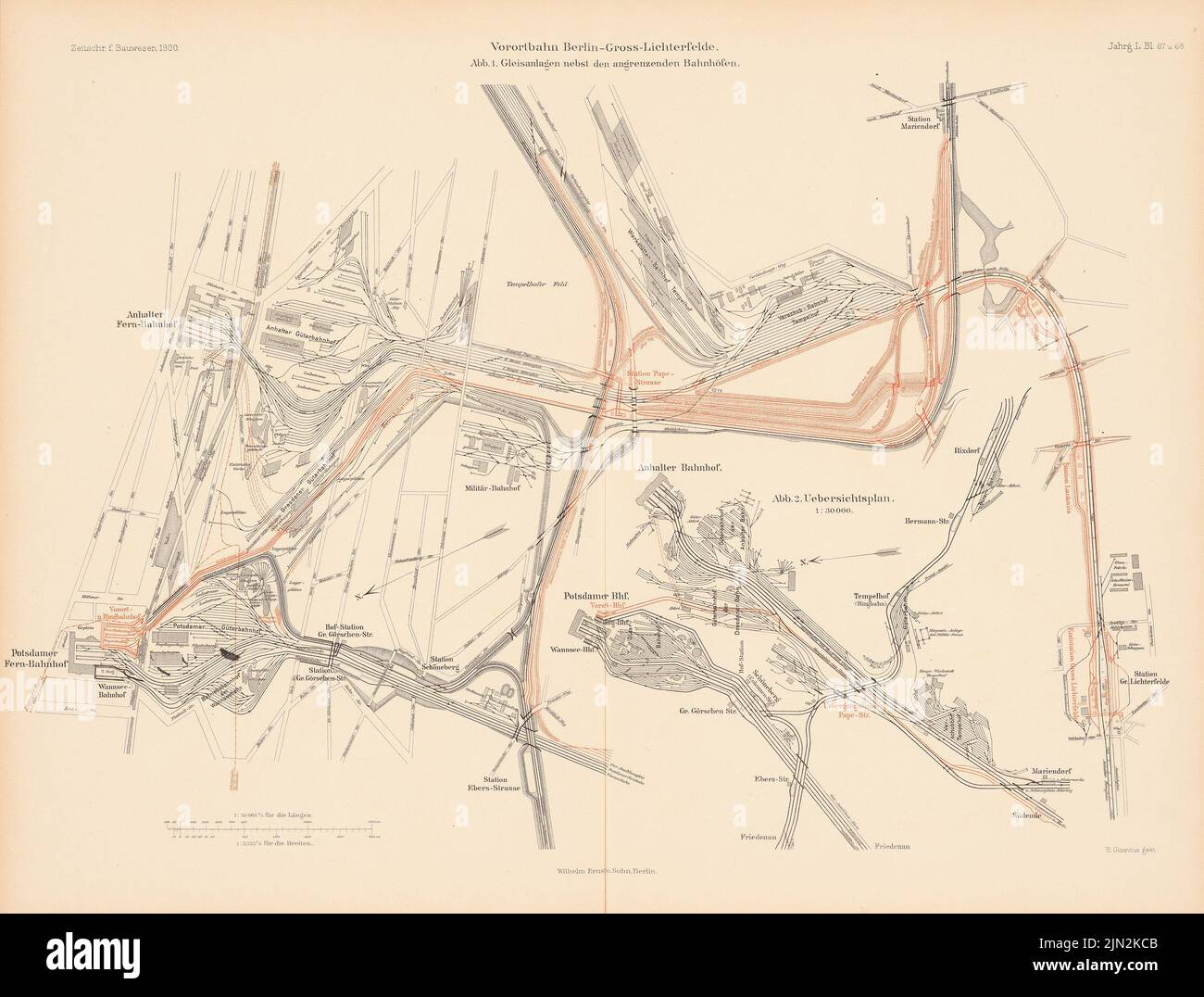 N.N., Vorortbahn Berlin-Groß-Lichterfelde. (De : Atlas au magazine for Building, éd. V. Ministry of public Works, JG. 50, 1900) : selon le plan des systèmes de voie avec les gares. Couture sur papier, 42,8 x 56,5 cm (y compris les bords de numérisation) Banque D'Images