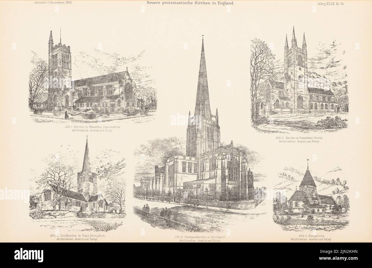 Austin et Paley, nouvelles églises protestantes d'Angleterre. (De : Atlas à la revue for Building, éd. V. Ministry of public Work, JG. 49, 1899) : vue d'ensemble des églises de Waterloo, Crawshaw Booth, Field Broudton, Stockport. Pression sur le papier, 28,2 x 43,2 cm (y compris les bords de numérisation) Banque D'Images