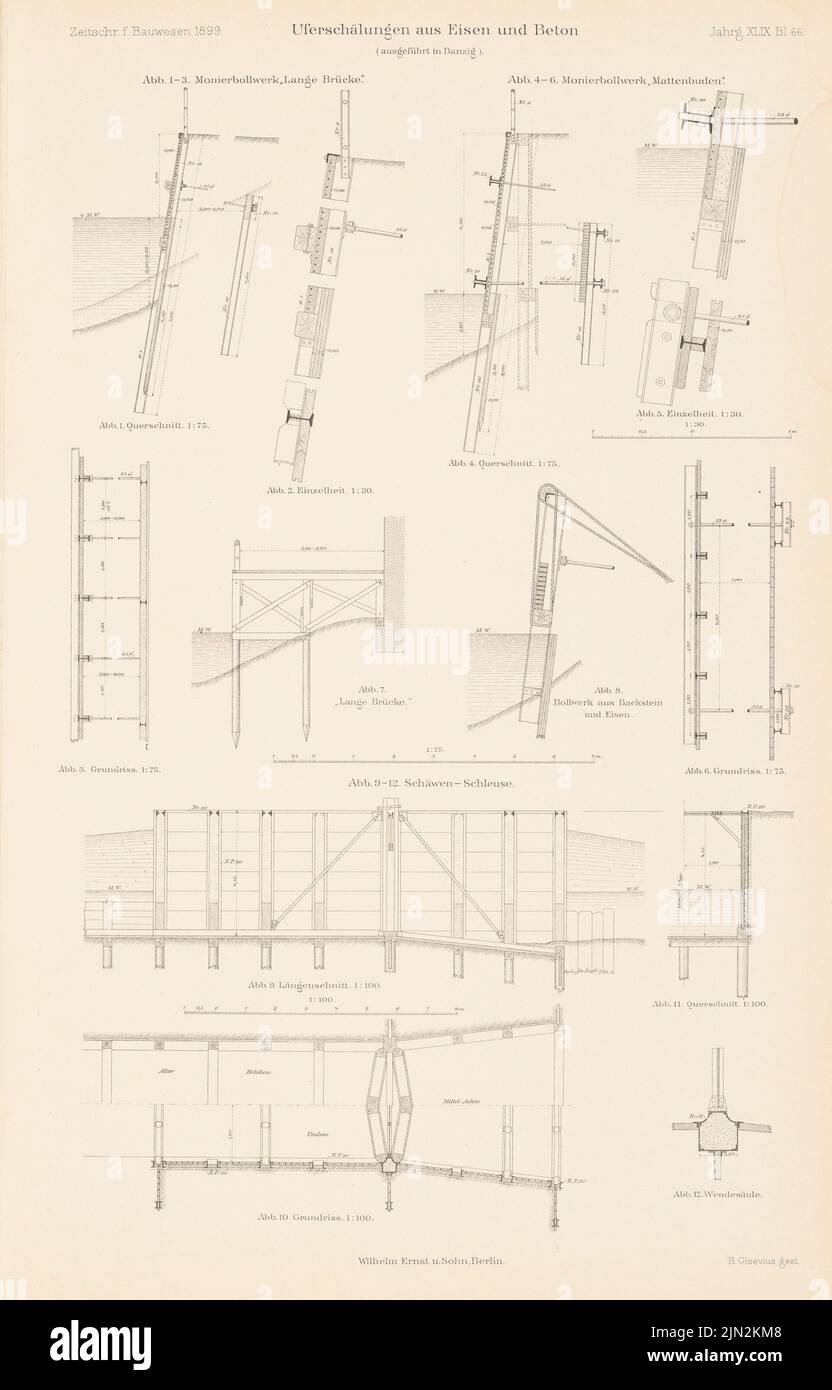 N.N., banques en fer et en béton, exécutées à Gdansk. (De: Atlas to the magazine for Building, éd. V. Ministry of public Work, né en 49, 1899): Cuts, details 1: 100, 1:75, 1:30. Couture sur papier, 43 x 27,5 cm (y compris les bords de numérisation) Banque D'Images