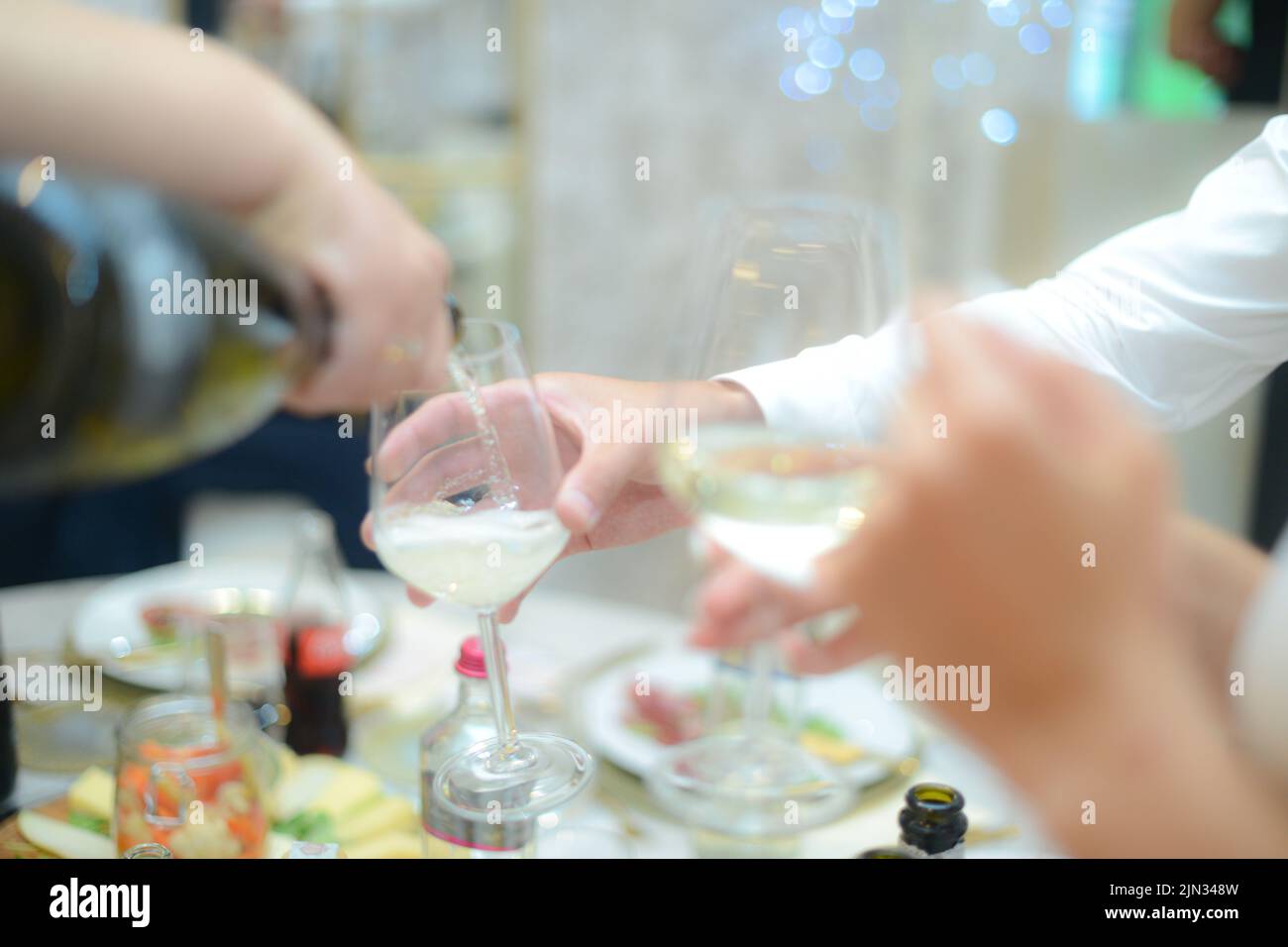 Famille de différents âges les gens fêtent joyeusement à l'intérieur avec des verres de vin blanc, proclament des toasts Banque D'Images