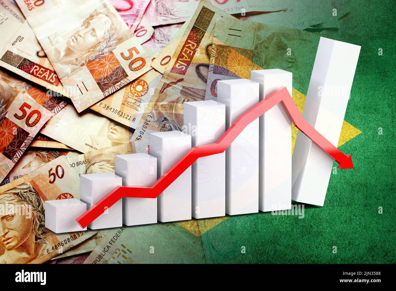 Graphique de l'économie : flèche vers le bas, bons de trésorerie du Reais brésilien et drapeau du Brésil Banque D'Images