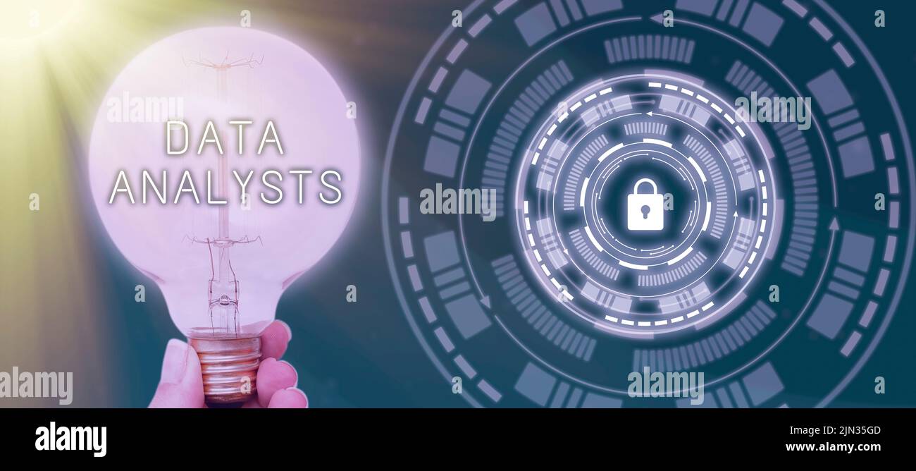 Légende de texte présentant les analystes de données, Business Showcase Programmer Design et Créer un rapport identifie les modèles Femme tenant ampoule par Futuristi Banque D'Images
