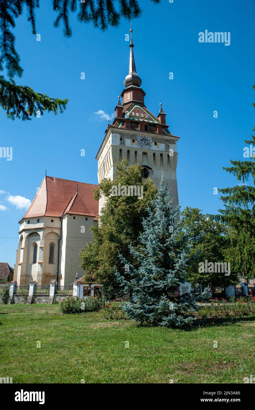 Église fortifiée de Saschiz dans le village de Saschiz, Sibiu, Transylvanie, Roumanie Banque D'Images