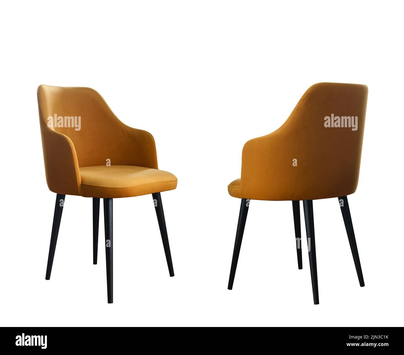 Vue avant et arrière de la chaise moderne jaune avec pattes noires isolées sur fond blanc avec espace pour copier Banque D'Images
