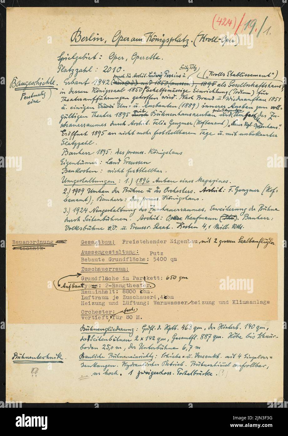 Eduard Titz (1819-1890, en tant qu'architecte) : établissement de Kroll'sches (également : Kolloper, Opera am Königsplatz), Berlin Banque D'Images