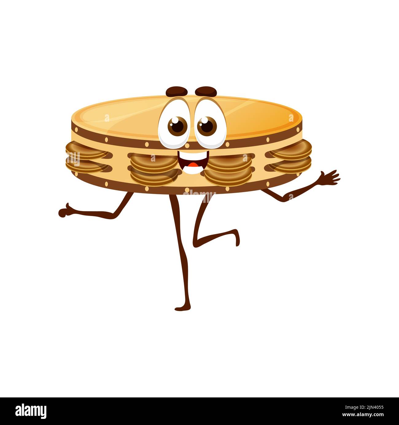 Personnage de tambourine de dessin animé, personnage d'instrument de musique vectoriel isolé. Drôles pour jouer de la musique de carnaval au brésil, des cours éducatifs pour les enfants, la danse de salsa, la percussion traditionnelle tambourine Illustration de Vecteur