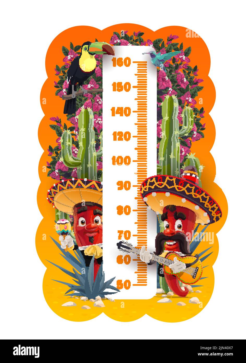 Les enfants bavarde en hauteur avec des poivrons mexicains de mariachi. Carte de ménervector de croissance pour enfants avec fleurs de bougainvilliers, toucan et colibri, cactus, agave et piments musiciens personnages dans le sombrero Illustration de Vecteur