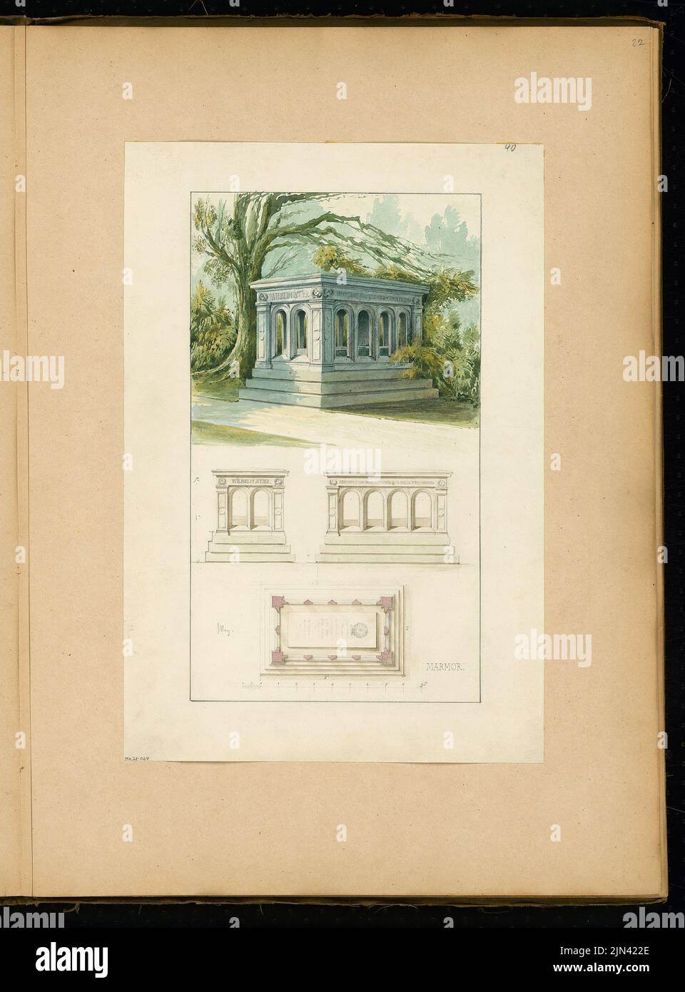 N.N.: Tombe monument pour Wilhelm Stier sur le cimetière de Schöneberg et plaque pour l'académie de bâtiment, Berlin. Concours 1857 avril et 1858 avril Banque D'Images