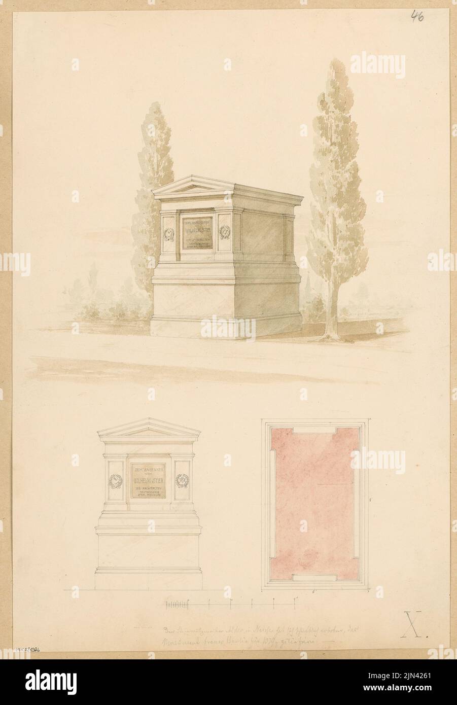 N.N.: Tombe monument pour Wilhelm Stier sur le cimetière de Schöneberg et plaque pour l'académie de bâtiment, Berlin. Concours 1857 avril et 1858 avril Banque D'Images