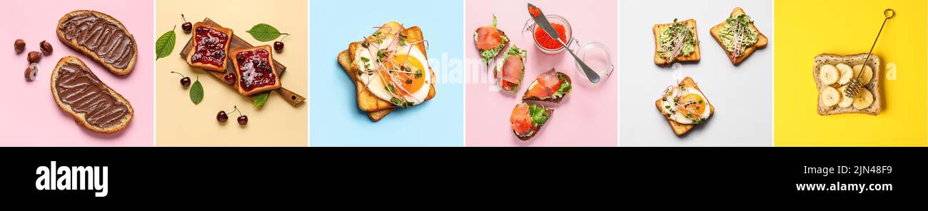 Collage de délicieux sandwiches avec œufs frits, saumon, caviar rouge, confiture et pâte de chocolat sur fond de couleur, vue du dessus Banque D'Images