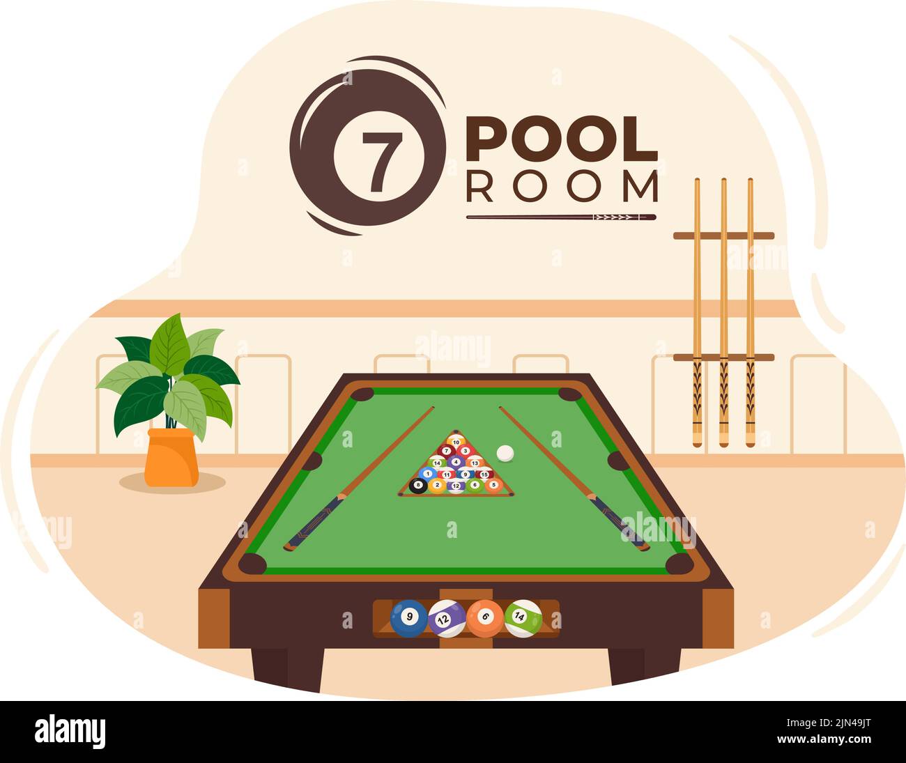 Jeu de billard dessin main dessin de dessin de dessin de dessin de fond plat Illustration avec salle de piscine avec bâton et boules de billard dans le club de sport Illustration de Vecteur