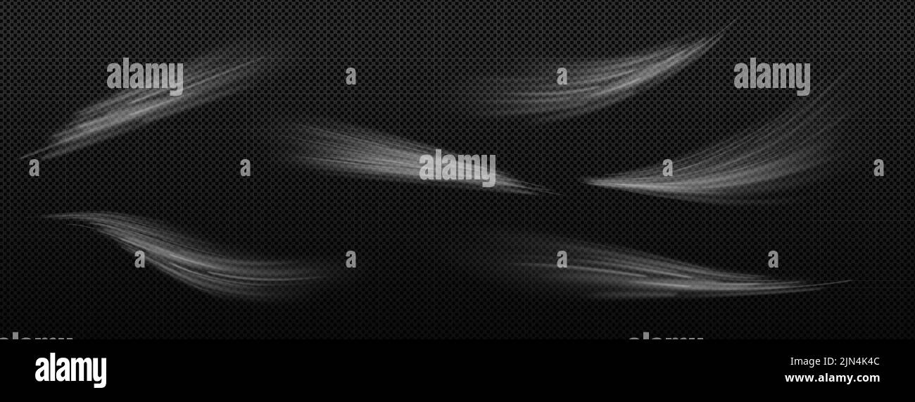 Effet de souffle du vent, brouillard, fumée ou traces de rayures blizzard isolées sur fond noir. Flux de fumée blanche, brume ou tourbillons de pulvérisation, vapeur de congélation, brouillard ou jets, jeu réaliste de graphiques vectoriels 3D Illustration de Vecteur