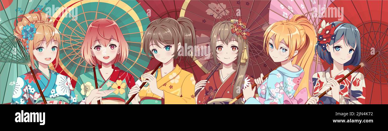 Groupe de filles manga anime dans un costume traditionnel japonais kimono  tenant un parapluie en papier. Illustration vectorielle sur un arrière-plan  isolé Image Vectorielle Stock - Alamy