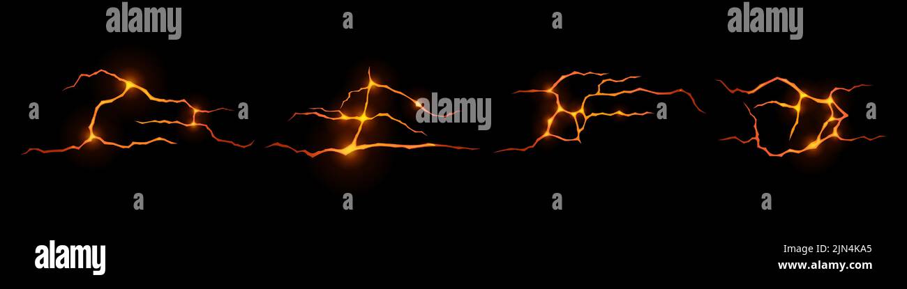 Lave dans les fissures du sol, volcan magma orange briller dans les trous de craquage, la surface de terre ruinée. Destruction, fractionnement, dégâts effet de fissure après sinistre isolé sur fond noir. Jeu réaliste de 3D vecteurs Illustration de Vecteur