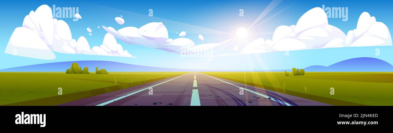 Illustration d'une route à moteur vide et d'un paysage de champ vert. Image vectorielle d'un soleil éclatant dans un ciel bleu avec des nuages blancs moelleux. Belle vue sur la campagne estivale. La voie de la réussite future Illustration de Vecteur