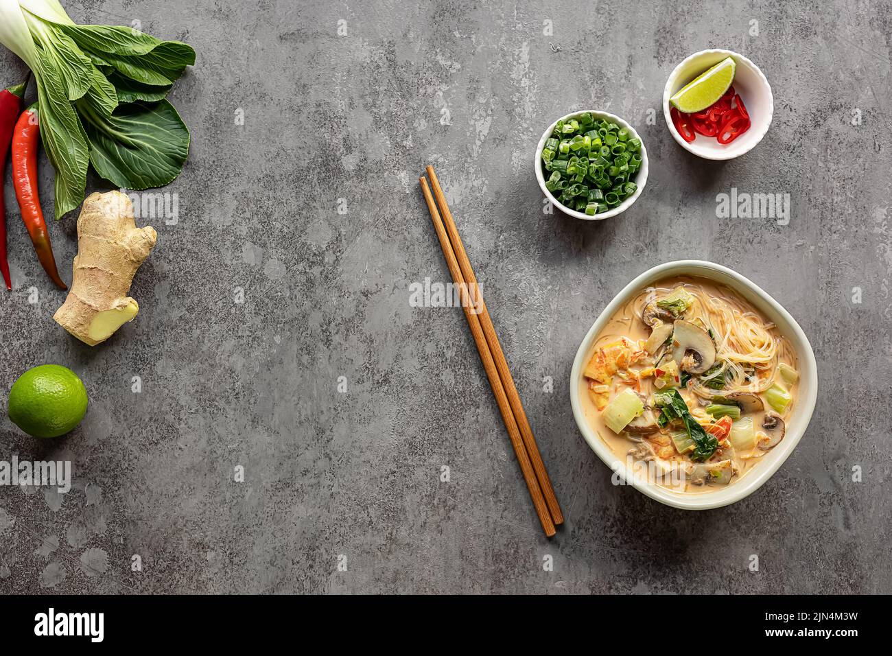 Un bol typique de laksa de curry, plat de nouilles de verre épicé populaire en Asie du Sud-est. Banque D'Images