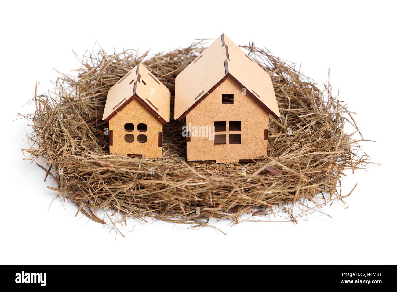 De grandes et petites maisons dans un nid de foin isolé sur fond neutre. Concept de domaine résidentiel sécurisé. Banque D'Images