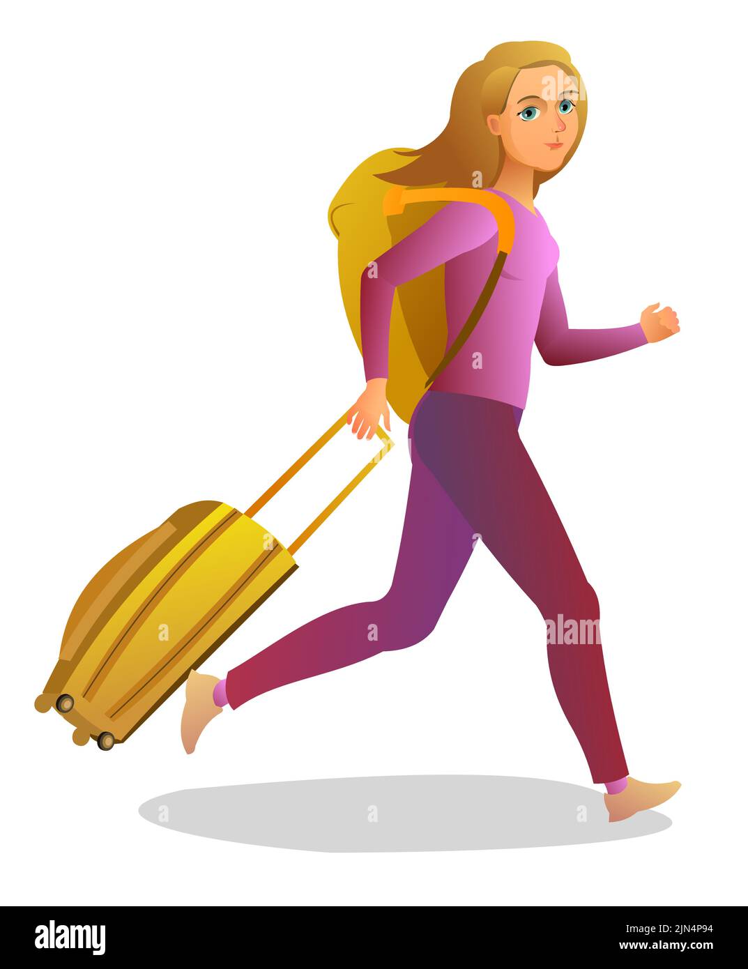 Femme touristique avec sac à dos et valise. Se met en route. Est en retard. Voyageur sur la route. Isolé sur fond blanc. Fille en vacances. Vecteur. Illustration de Vecteur