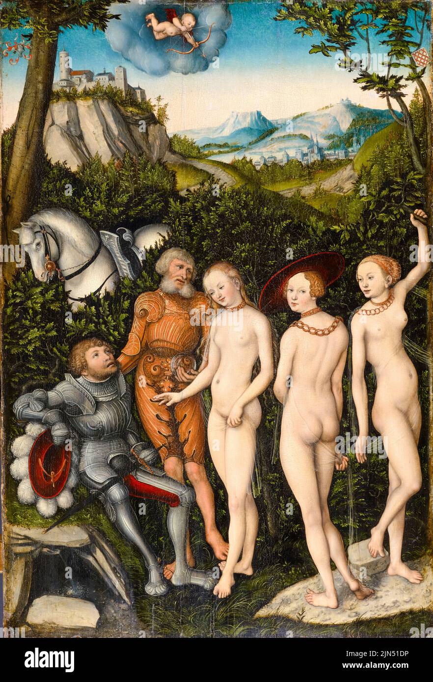 L'arrêt de Paris, peinture en médias mixtes sur bois de hêtre par Lucas Cranach The Elder, 1528 Banque D'Images