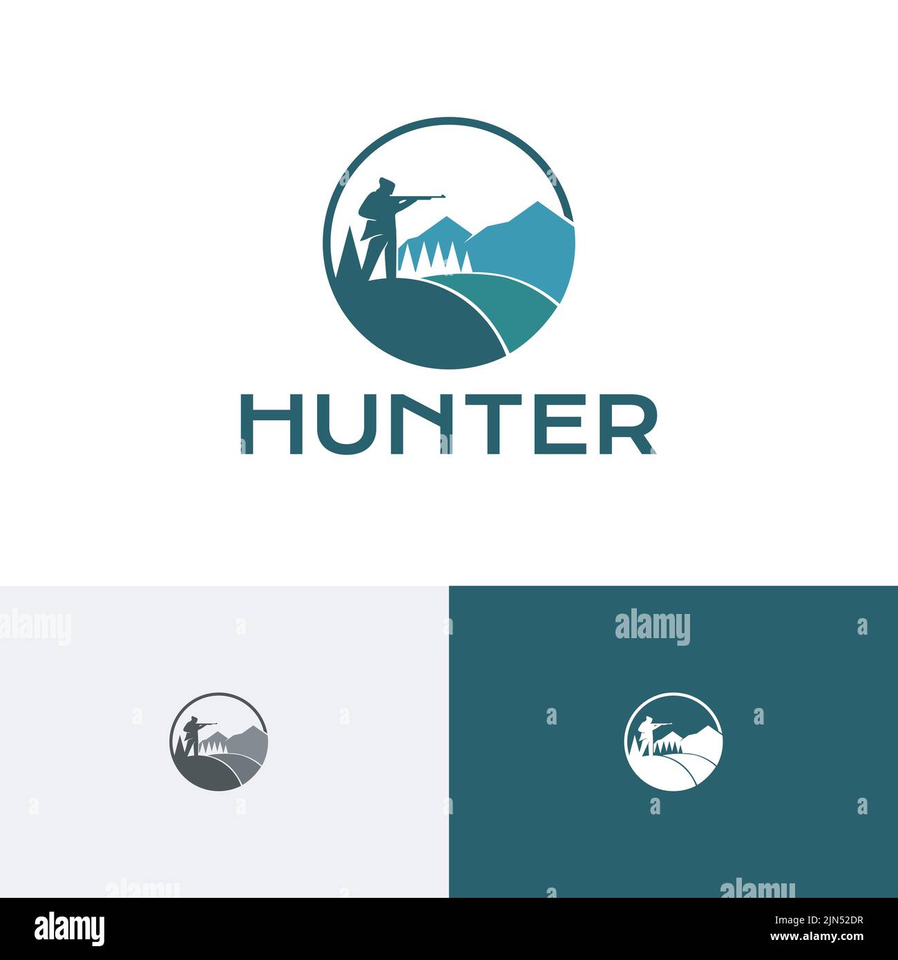 Saison de chasse en montagne Hunter Shotgun Circle logo Illustration de Vecteur