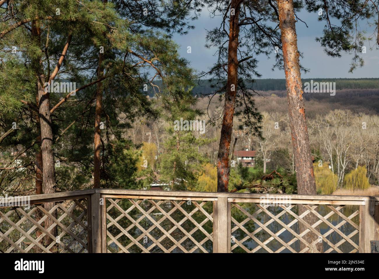 Printemps paysage rural ensoleillé vue sur la rivière depuis le point d'observation avec des pins. Montagne Cossack, Korobovy Hutora (forêt de Gomilshanski, village de Koropove) Banque D'Images