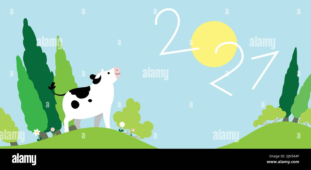 Illustration de l'année de la carte vectorielle OX. Nouvel an chinois 2021 représentant une vache regardant un ciel bleu. Paysage d'herbe verte avec arbres et fleurs. Illustration de Vecteur