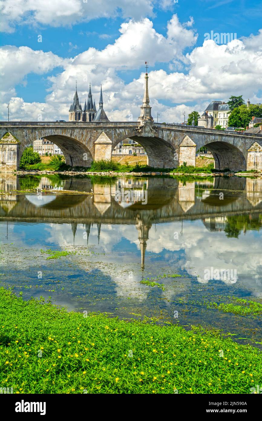 Blois, Vallée de la Loire, France : ligne d'horizon de Blois, ville sur les rives de la Loire avec pont Jacques Gabriel, capitale du département de Loir-et-cher en centre-ville Banque D'Images