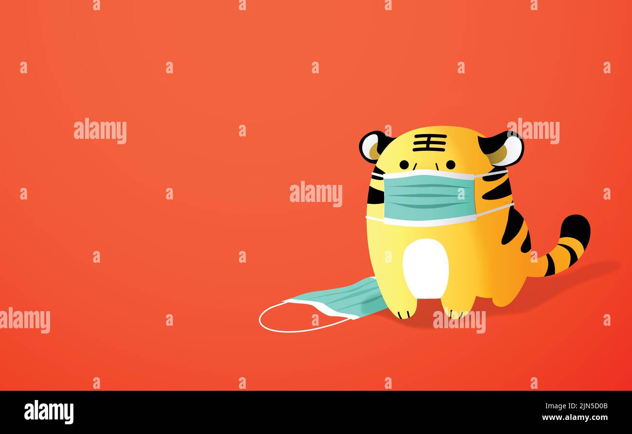 Bonne année chinoise du tigre 2022, bannière ou arrière-plan de vecteur de la nouvelle année lunaire 2022. Dessin animé mignon tigre portant un masque de visage. Illustration de Vecteur