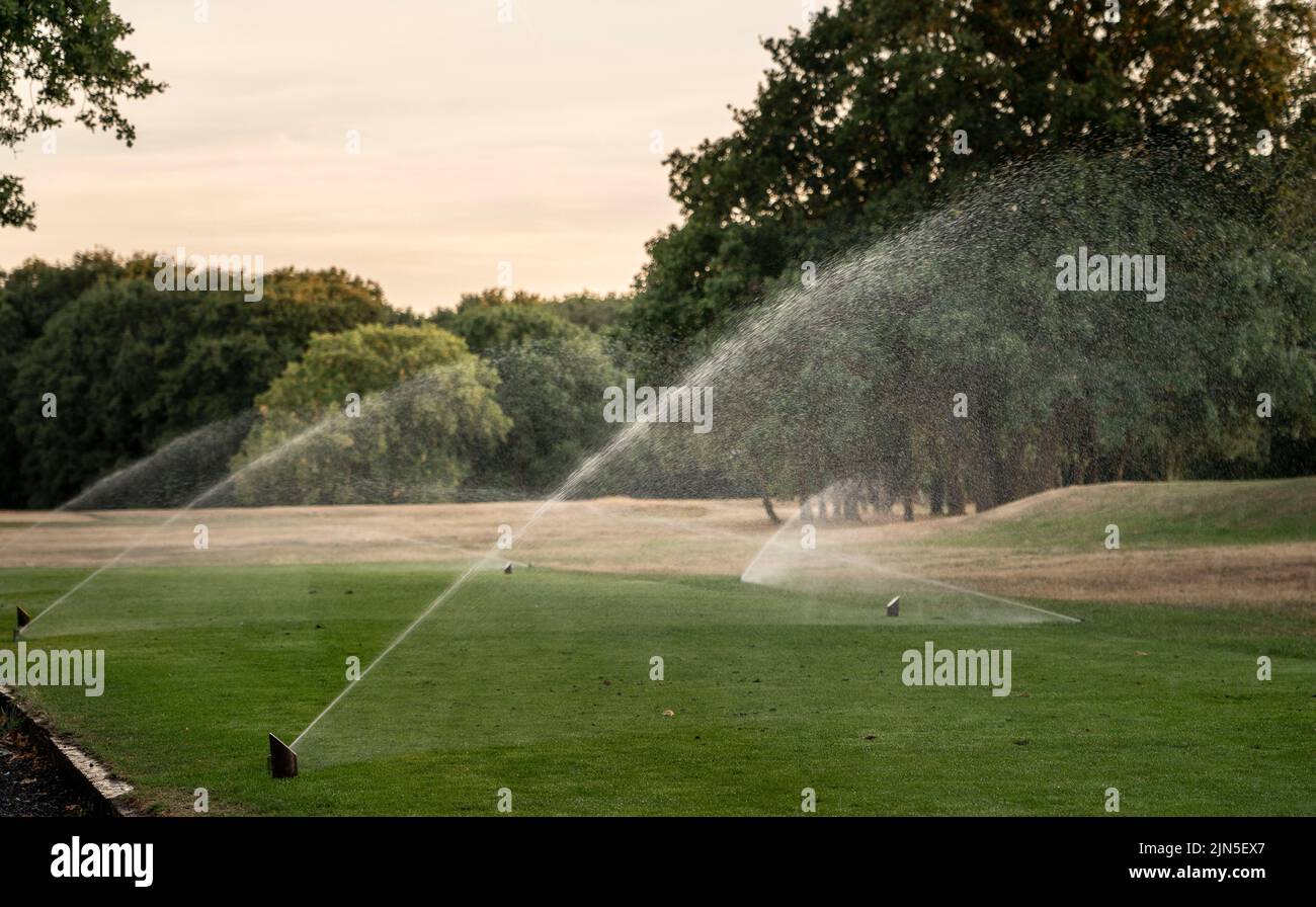 SECHOWDECHE LONDON © Jeff Moore les arroseurs sont utilisés sur un parcours de golf à Wanstead, dans l'est de Londres. Une interdiction des hospipe pourrait être en route pour certaines parties de Londres comme Banque D'Images