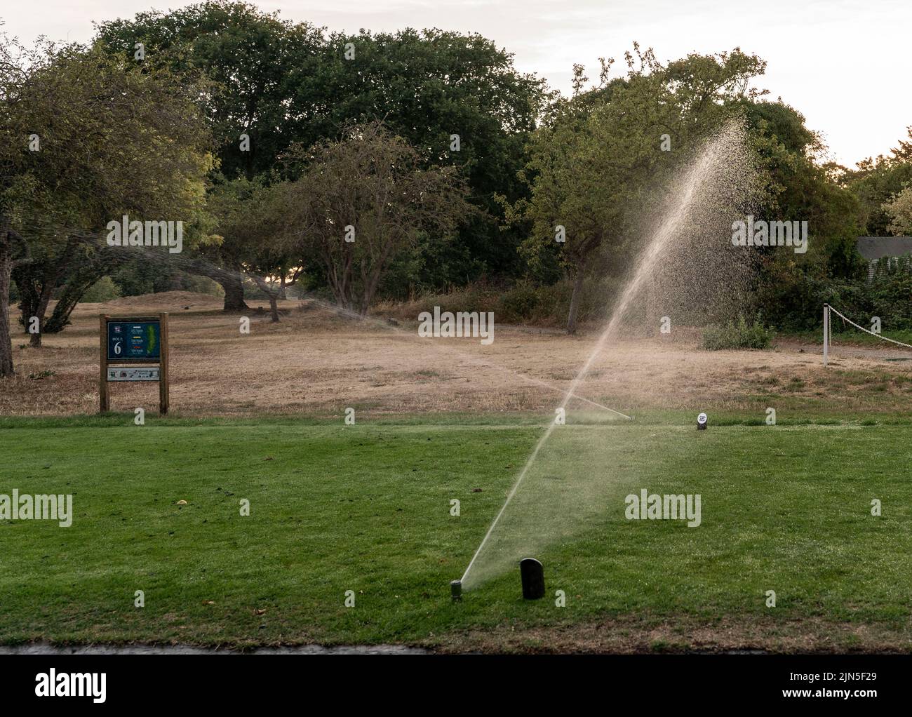 SECHOWDECHE LONDON © Jeff Moore les arroseurs sont utilisés sur un parcours de golf à Wanstead, dans l'est de Londres. Une interdiction des hospipe pourrait être en route pour certaines parties de Londres comme Banque D'Images