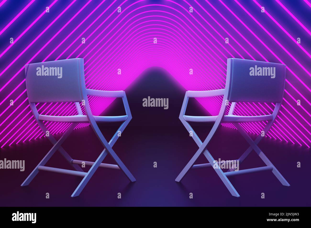 deux chaises vides dans un couloir au néon. 3d rendu Banque D'Images