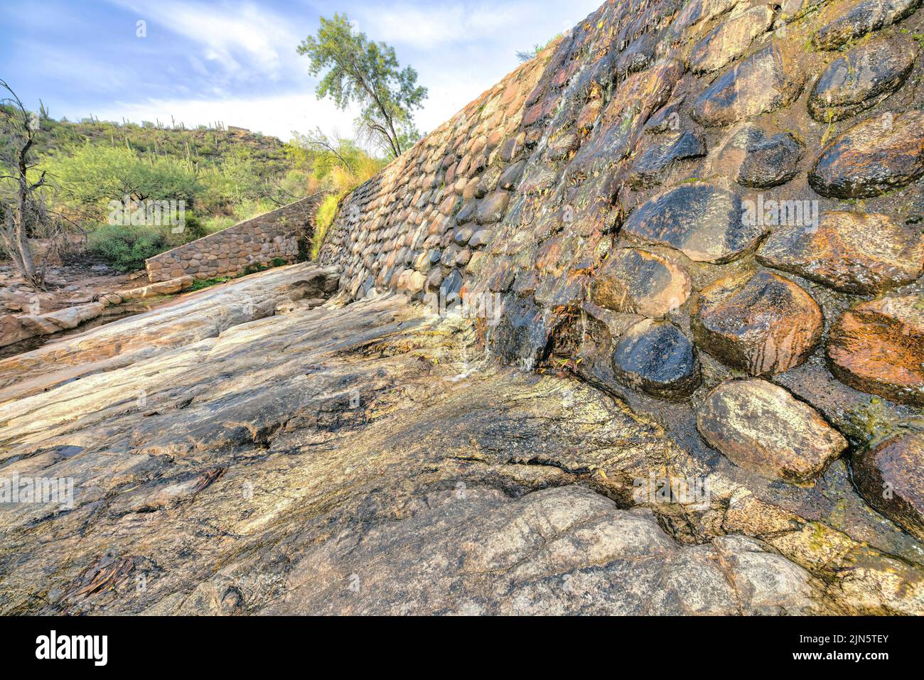 Mur en pierre avec ruisseau à Sabino creek au parc national de Sabino Canyon à Tucson, Arizona. Chute d'eau du désert près du champ de cactus à l'arrière. Banque D'Images