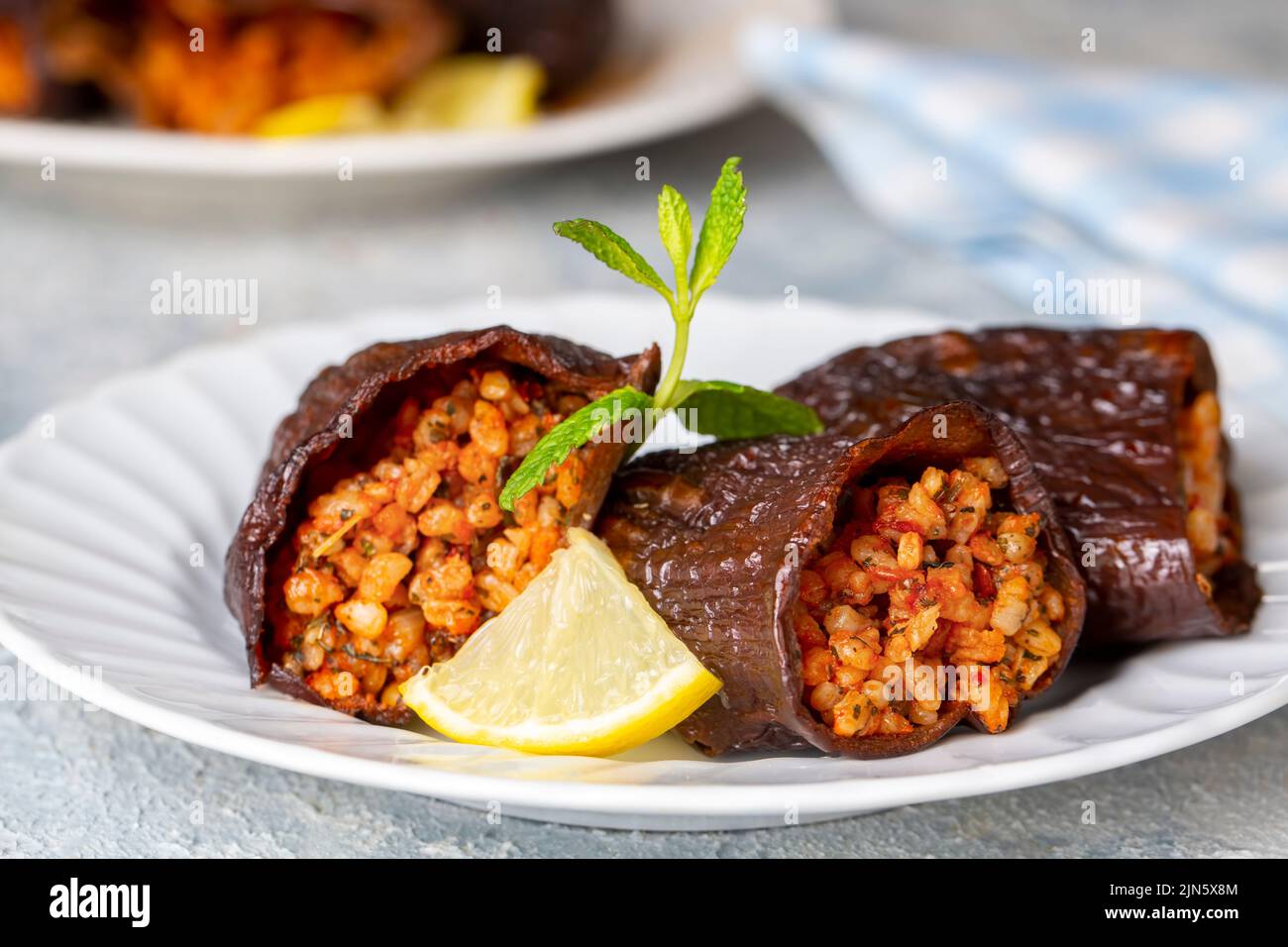 Délicieux plats traditionnels turcs ; aubergines séchées farcies (nom turc ; dolmasi à la patlican Kuru) Banque D'Images