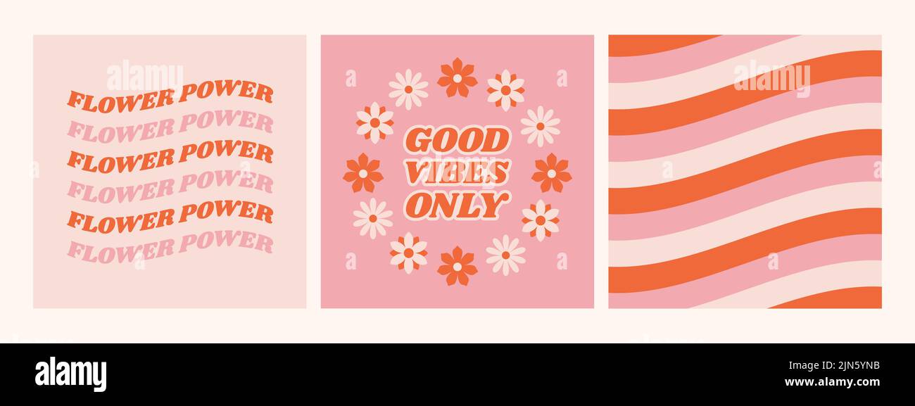 Ensemble d'affiches hippie rétro avec citation motivationnelle bonne vibes seulement. Modèle de texte « Flower power » pour t-shirt, carte postale et bannière. Illustration de Vecteur